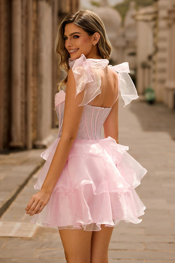 Sparkly Pink Off The Shoulder Corset A Line Tiered Short Prom Dress